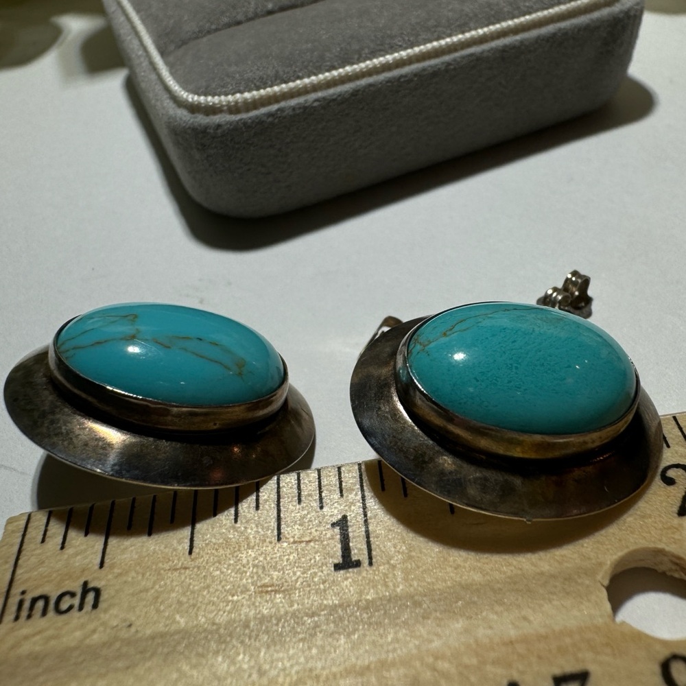 ❌SOLD❌ Vintage Handmade Large Turquoise Stud Earrings Solid 925 Sterling Silver - Picture 10 of 15